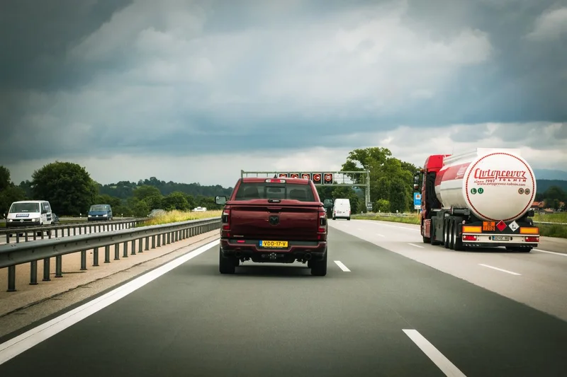 Kontrola drogowa po niemiecku – co może usłyszeć kierowca? 1 Ciężarówka jadąca niemiecką autostradą w ciągu dnia, typowy widok przed kontrolą drogową prowadzoną przez policję lub BALM