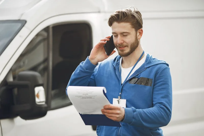 Rozmowa telefoniczna po niemiecku dla kierowcy zawodowego 2 Kierowca notuje informacje na dokumencie, rozmawiając przez telefon obok samochodu dostawczego