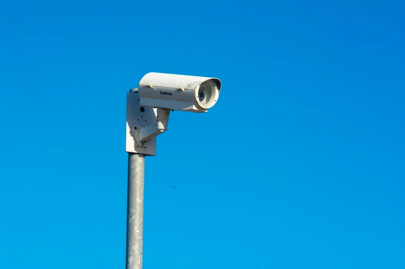 Kradzieże na parkingach ciężarowych – jak ograniczyć ryzyko? 2 Kamera monitoringu CCTV zamontowana na maszcie, nadzorująca teren parkingu ciężarowego