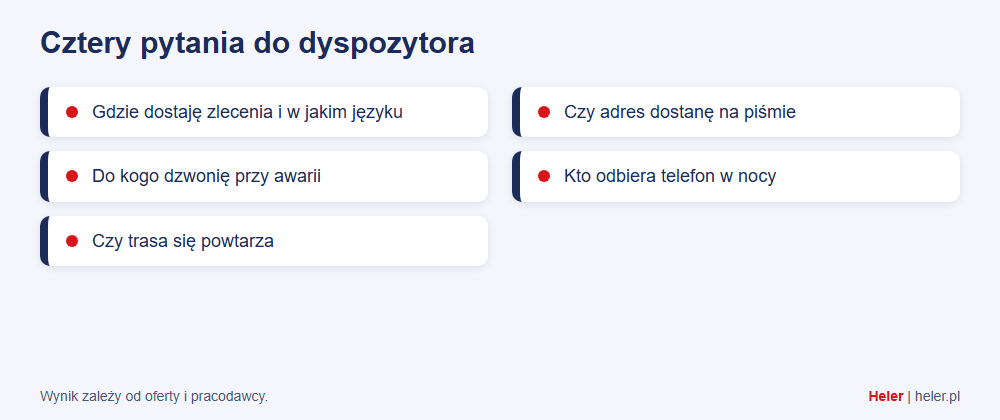 Kierowca tira w Niemczech bez języka: jakie oferty i jakie minimum słów wystarczy? 2 Karta z pytaniami kierowcy tira do dyspozytora przed pierwszą trasą w Niemczech