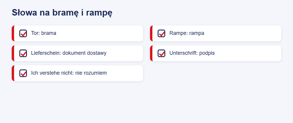 Kierowca tira w Niemczech bez języka: jakie oferty i jakie minimum słów wystarczy? 1 Karta z podstawowymi niemieckimi słowami dla kierowcy tira na bramie i rampie
